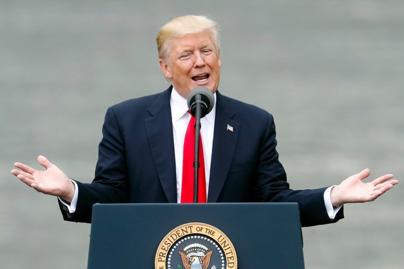 President Donald Trump speaks during a rally at the Rivertowne Marina, Wednesday, June 7, 2017, in Cincinnati. (AP Photo/John Minchillo)