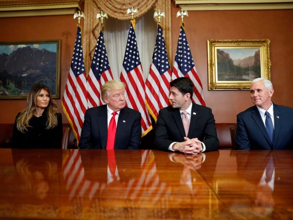 Milania Trump, left, President-elect Donald Trump, House Speaker Paul Ryan of Wis.,  and Vice president-elect Mike Pence pose for photographers after a meeting in the Speaker's office on Capitol Hill, Thursday, Nov. 10, 2016 in Washington. (AP Photo/Alex Brandon)