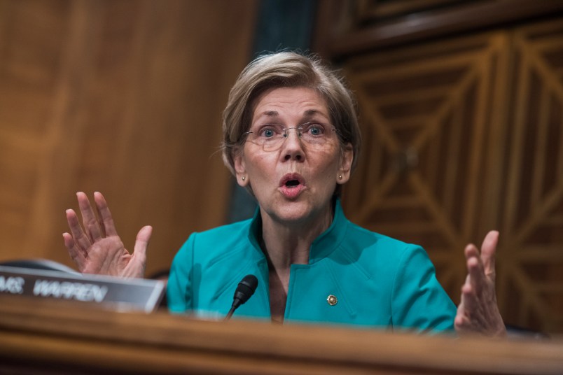 UNITED STATES - MAY 18: Sen. Elizabeth Warren, D-Mass., questions Treasury Secretary Steve Mnuchin during a Senate Banking Committee hearing in Dirksen Building titled “Domestic and International Policy Update,” on May 18, 2017. (Photo By Tom Williams/CQ Roll Call)