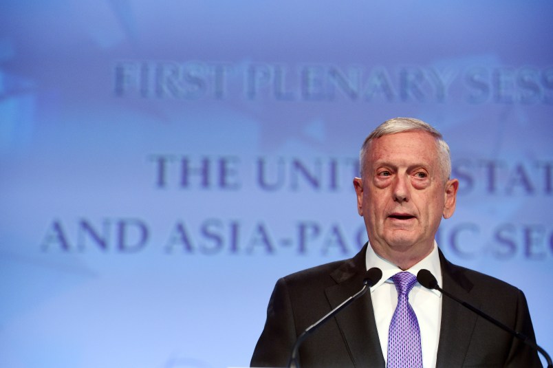 U.S. Defense Secretary Jim Mattis speaks at the first plenary session at the 16th International Institute for Strategic Studies Shangri-la Dialogue, or IISS, Asia Security Summit on Saturday, June 3, 2017 in Singapore.  (AP Photo/Joseph Nair)