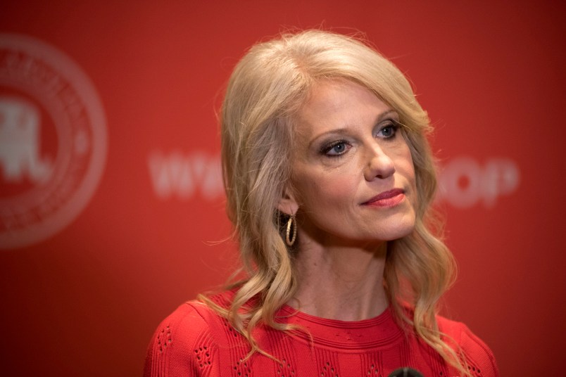 White House senior advisor Kellyanne Conway listens to a question from a reporter during a press conference at the North Carolina Republican Party State Convention at the Wilmington Convention Center in Wilmington, N.C., Saturday, June 3, 2017. (AP Photo/Mike Spencer)