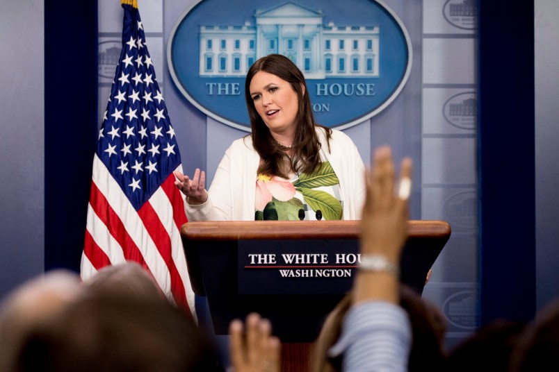 White House deputy press secretary Sarah Huckabee Sanders talks to the media during the daily press briefing at the White House, Monday, June 5, 2017, in Washington. Sanders discussed Trump's travel ban, health care, former FBI Director James Comey testifying to Congress and other topics. (AP Photo/Andrew Harnik)