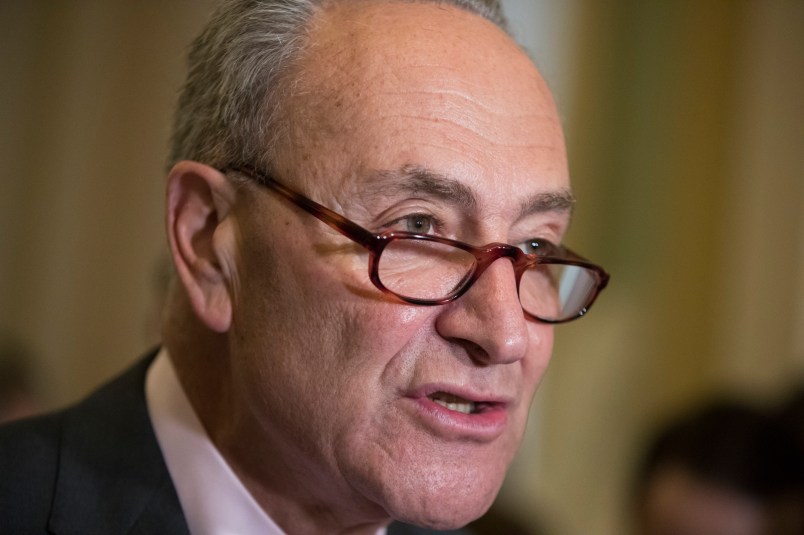 Senate Minority Leader Chuck Schumer, D-N.Y., and the Democratic leadership meet with reporters at the Capitol in Washington, Tuesday, June 6, 2017. (AP Photo/J. Scott Applewhite)