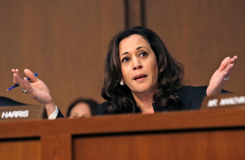 Sen. Kamala Harris, D-Calif., reacts during a Senate Intelligence Committee hearing about the Foreign Intelligence Surveillance Act, on Capitol Hill, Wednesday, June 7, 2017, in Washington. (AP Photo/Alex Brandon)