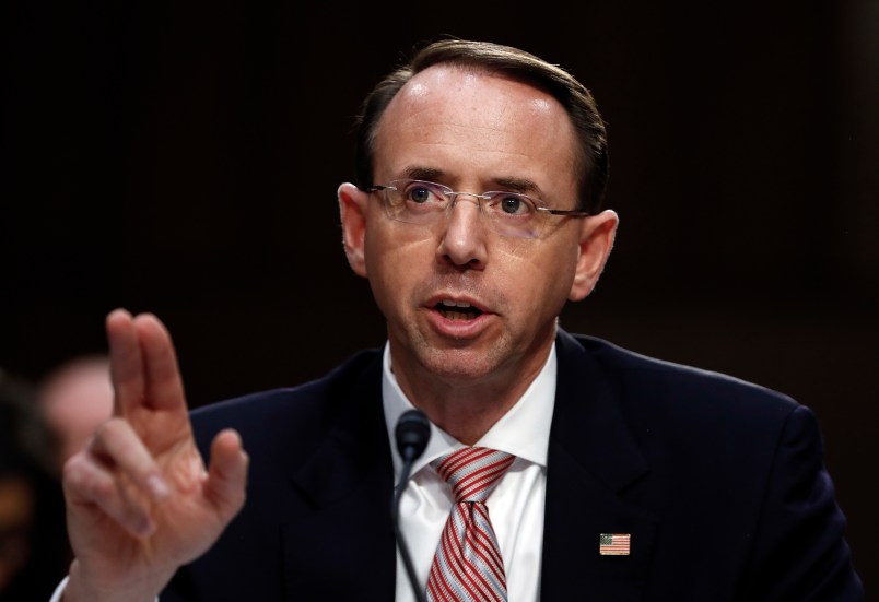 Deputy Attorney General Rod Rosenstein, testifies during a Senate Intelligence Committee hearing about the Foreign Intelligence Surveillance Act, on Capitol Hill, Wednesday, June 7, 2017, in Washington. (AP Photo/Carolyn Kaster)