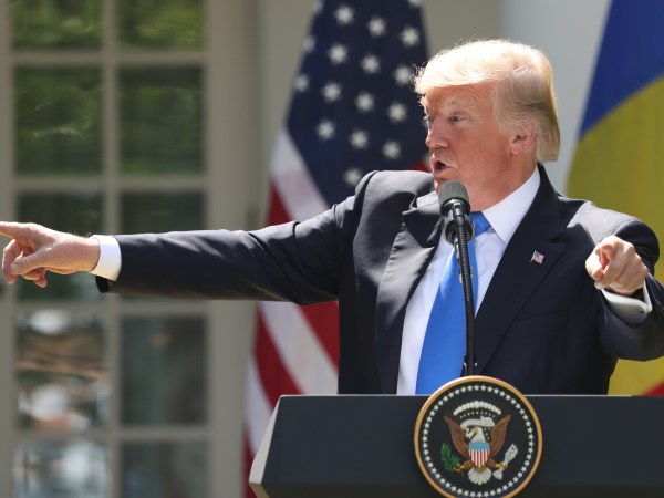 President Donald Trump, accompanied by Romanian President Klaus Werner Iohannis, speaks during a news conference in the Rose Garden at the White House, Friday, June 9, 2017, in Washington. (AP Photo/Andrew Harnik)