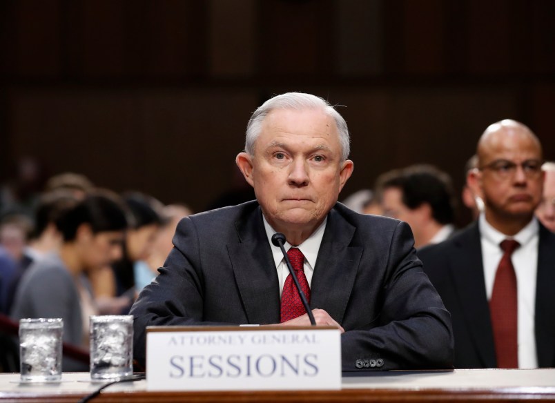 Attorney General Jeff Sessions is sworn-in on Capitol Hill in Washington, Tuesday, June 13, 2017, prior to testifying before the Senate Intelligence Committee hearing about his role in the firing of James Comey, his Russian contacts during the campaign and his decision to recuse from an investigation into possible ties between Moscow and associates of President Donald Trump. (AP Photo/Alex Brandon)