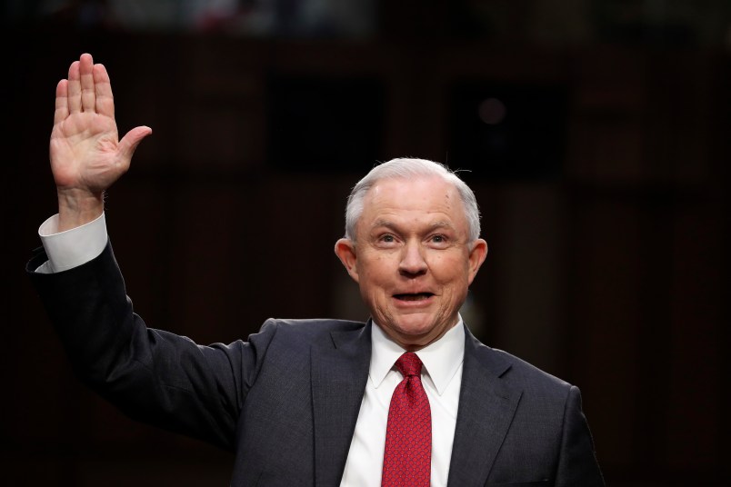 Attorney General Jeff Sessions is sworn-in on Capitol Hill in Washington, Tuesday, June 13, 2017, prior to testifying before the Senate Intelligence Committee hearing about his role in the firing of James Comey, his Russian contacts during the campaign and his decision to recuse from an investigation into possible ties between Moscow and associates of President Donald Trump. (AP Photo/Alex Brandon)