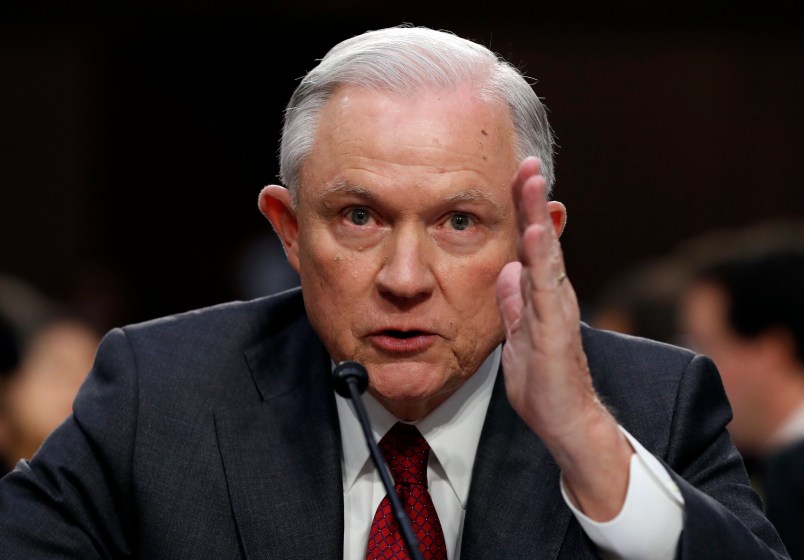 Attorney General Jeff Sessions speaks on Capitol Hill in Washington, Tuesday, June 13, 2017, prior to testifying before the Senate Intelligence Committee hearing about his role in the firing of James Comey, his Russian contacts during the campaign and his decision to recuse from an investigation into possible ties between Moscow and associates of President Donald Trump. (AP Photo/Alex Brandon)