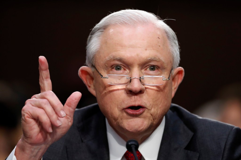 Attorney General Jeff Sessions speaks on Capitol Hill in Washington, Tuesday, June 13, 2017, prior to testifying before the Senate Intelligence Committee hearing about his role in the firing of James Comey, his Russian contacts during the campaign and his decision to recuse from an investigation into possible ties between Moscow and associates of President Donald Trump. (AP Photo/Alex Brandon)