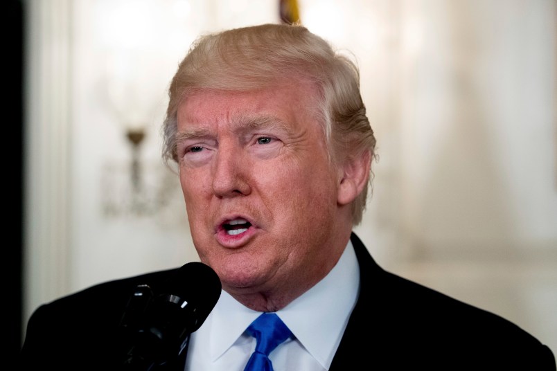 President Donald Trump speaks in the Diplomatic Room of the White House in Washington, Wednesday, June 14, 2017, to talk about the shooting in Alexandria, Va. where House Majority Whip Steve Scalise of La., and others, where shot during a Congressional baseball practice. (AP Photo/Andrew Harnik)