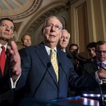 Senate Majority Leader Mitch McConnell, R-Ky., joined by, from left, Sen. John Barrasso, R-Wyo., Sen. John Thune, R-S.D., and Majority Whip John Cornyn, R-Texas, meets with reporters following a closed-door strategy session, at the Capitol in Washington, Tuesday, June 20, 2017. Sen. McConnell says Republicans will have a "discussion draft" of a GOP-only bill scuttling former President Barack Obama's health care law by Thursday. (AP Photo/J. Scott Applewhite)