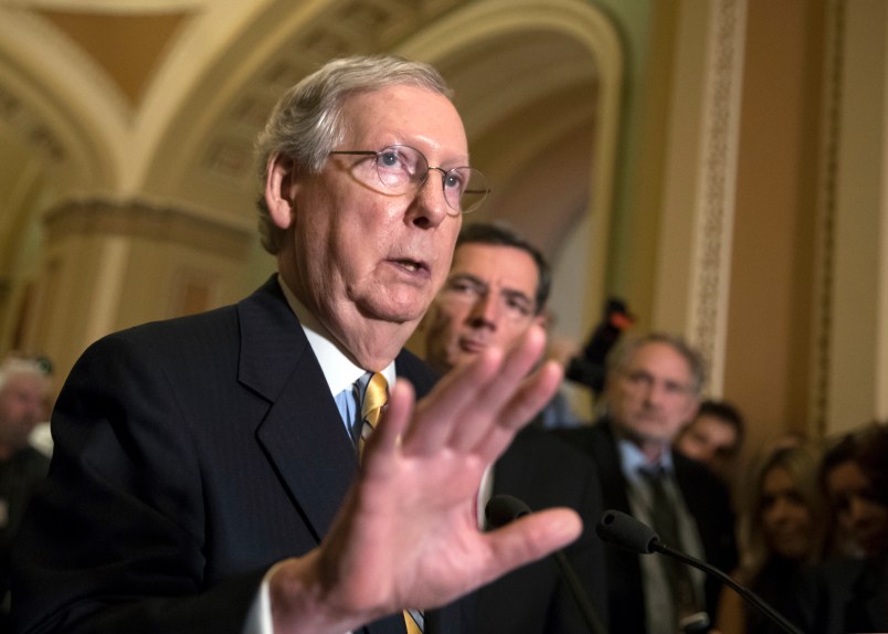 Senate Majority Leader Mitch McConnell, R-Ky., joined by Sen. John Barrasso, R-Wyo., right, tells reporters he is delaying a vote on the Republican health care bill while the GOP leadership works toward getting enough votes, at the Capitol in Washington, Tuesday, June 27, 2017. In a bruising setback, Senate Republican leaders are delaying a vote on their prized health care bill until after the July 4 recess, forced to retreat by a GOP rebellion that left them lacking enough votes to even begin debating the legislation, two sources said Tuesday. (AP Photo/J. Scott Applewhite)