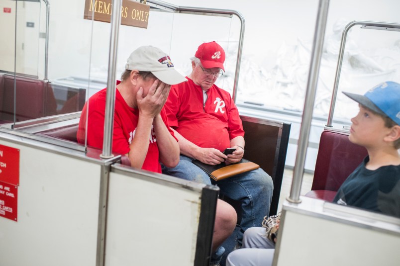 UNITED STATES - JUNE 14: Rep. Joe Barton, R-Texas, center, and his sons, board the Rayburn subway basement of the Capitol after a shooting at the Republican's baseball practice in Alexandria on June 14, 2017. (Photo By Tom Williams/CQ Roll Call)