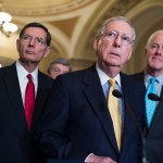 UNITED STATES - JUNE 6: From left, Sens. Cory Gardner, R-Colo., John Barrasso, R-Wyo., Roy Blunt, R-Mo., Senate Majority Leader Mitch McConnell, R-Ky., and Majority Whip John Cornyn, R-Texas, conduct a news conference after the Senate Policy Luncheons on June 6, 2017. (Photo By Tom Williams/CQ Roll Call)