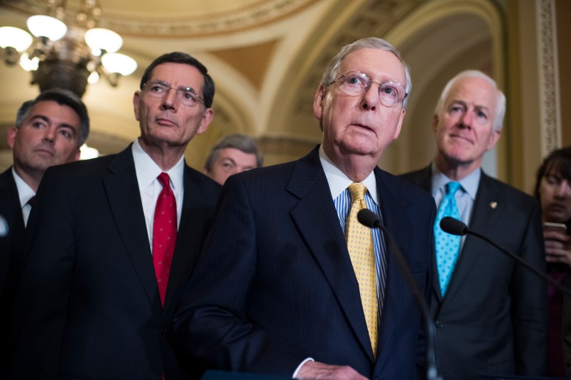 UNITED STATES - JUNE 6: From left, Sens. Cory Gardner, R-Colo., John Barrasso, R-Wyo., Roy Blunt, R-Mo., Senate Majority Leader Mitch McConnell, R-Ky., and Majority Whip John Cornyn, R-Texas, conduct a news conference after the Senate Policy Luncheons on June 6, 2017. (Photo By Tom Williams/CQ Roll Call)