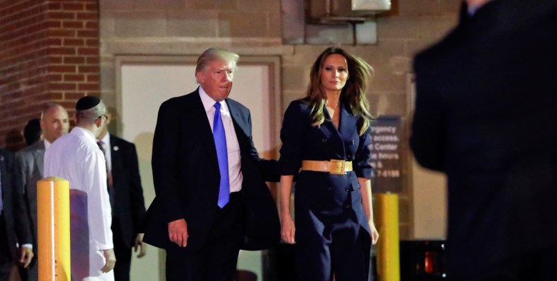 President Donald Trump and first lady Melania Trump walks to their vehicle after visiting MedStar Washington Hospital Center in Washington, Wednesday, June 14, 2017, where House Majority Leader Steve Scalise of La. was taken after being shot in Alexandria, Va., during a Congressional baseball practice. (AP Photo/Pablo Martinez Monsivais)