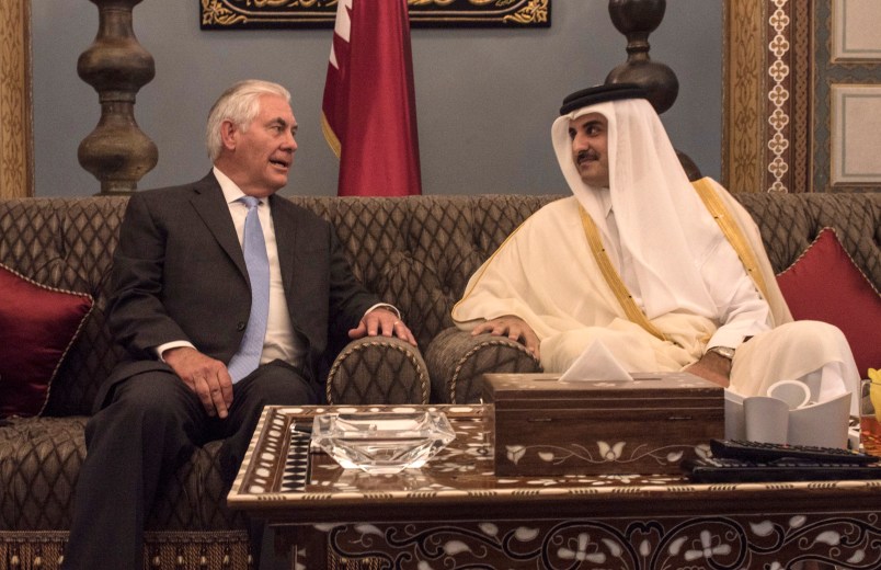 H.H. the Emir of Qatar, Sheikh Tamim Bin Hamad Al Thani (left), welcomes U.S. Secretary of State Rex Tillerson to his official residence Sea Palace in Doha, Qatar, July 11, 2017. Meeting with Emir at Sea Palace. (Alexander W. Riedel)