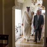 H.H. the Emir of Qatar, Sheikh Tamim Bin Hamad Al Thani (left), welcomes U.S. Secretary of State Rex Tillerson to his official residence Sea Palace in Doha, Qatar, July 11, 2017. Meeting with Emir at Sea Palace. (Alexander W. Riedel)