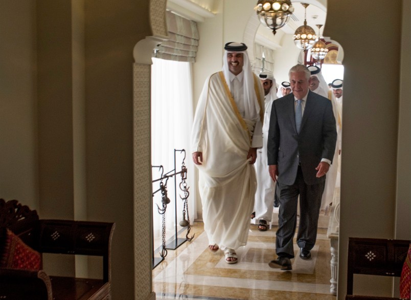 H.H. the Emir of Qatar, Sheikh Tamim Bin Hamad Al Thani (left), welcomes U.S. Secretary of State Rex Tillerson to his official residence Sea Palace in Doha, Qatar, July 11, 2017. Meeting with Emir at Sea Palace. (Alexander W. Riedel)