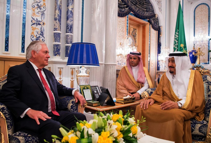 In this Wednesday, July 12, 2017 photo released by Saudi Press Agency, SPA, Saudi King Salman bin Abdulaziz Al Saud, right, receives the U.S. Foreign Secretary Rex Tillerson who arrives in Jiddah, Saudi Arabia today. (Saudi Press Agency via AP)