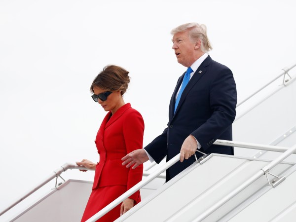President Donald Trump and first lady Melania Trump arrive on Air Force One at Orly Airport in Paris, Thursday, July 13, 2017. The president and first lady will attend the Bastille Day parade on the Champs Elysees avenue in Paris, France, on Friday, July 14, 2017. (AP Photo/Carolyn Kaster)