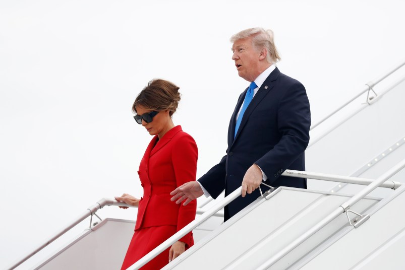 President Donald Trump and first lady Melania Trump arrive on Air Force One at Orly Airport in Paris, Thursday, July 13, 2017. The president and first lady will attend the Bastille Day parade on the Champs Elysees avenue in Paris, France, on Friday, July 14, 2017. (AP Photo/Carolyn Kaster)