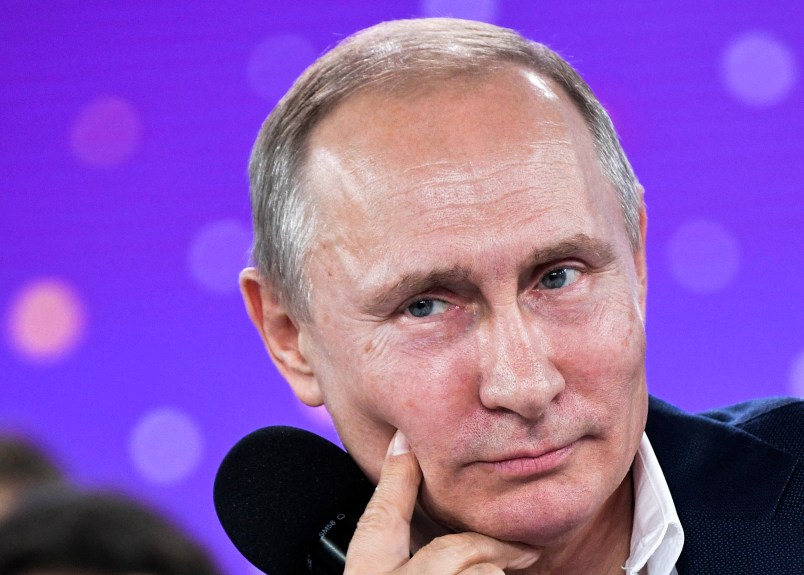 Russian President Vladimir Putin listens to a question during  a meeting with the students while visiting the Sirius Educational Centre for Gifted Children in the Black Sea resort of Sochi, Russia, Friday, July 21, 2017. (Alexei Nikolsky, Sputnik, Kremlin Pool Photo via AP)