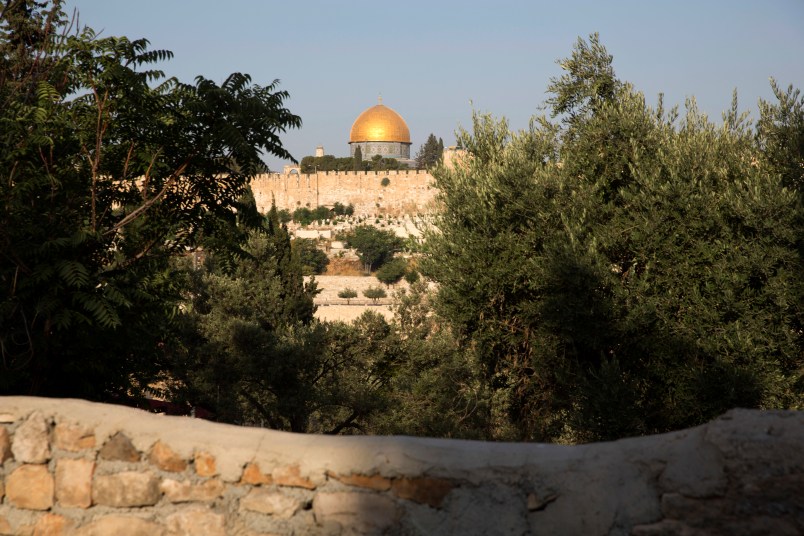 The Dome of the Rock Mosque in the Al Aqsa Mosque compound is seen in Jerusalem's Old City, Sunday, July 23, 2017. Israel installed new security cameras Sunday at the entrance to a sensitive Jerusalem holy site, as officials began indicating it was considering "alternatives" to the metal detectors at the contested shrine that set off a weekend of violence and raised tensions in the region. (AP Photo/Ariel Schalit)