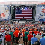 President Donald Trump waves to the crowd of scouts at the 2017 National Boy Scout Jamboree at the Summit in Glen Jean,W. Va., Monday, July 24, 2017.  (AP Photo/Steve Helber)