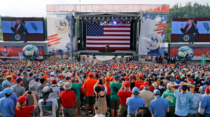 President Donald Trump waves to the crowd of scouts at the 2017 National Boy Scout Jamboree at the Summit in Glen Jean,W. Va., Monday, July 24, 2017.  (AP Photo/Steve Helber)