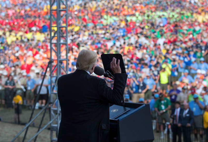 President Donald Trump speaks at the 2017 National Scout Jamboree in Glen Jean, W.Va., Monday, July 24, 2017. (AP Photo/Carolyn Kaster)