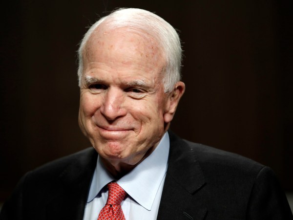 Senate Armed Services Committee Chairman Sen. John McCain, R-Ariz., arrives on Capitol Hill in Washington, Tuesday, July 11, 2017, for the committee's confirmation hearing for Navy Secretary nominee Richard Spencer. (AP Photo/Jacquelyn Martin)
