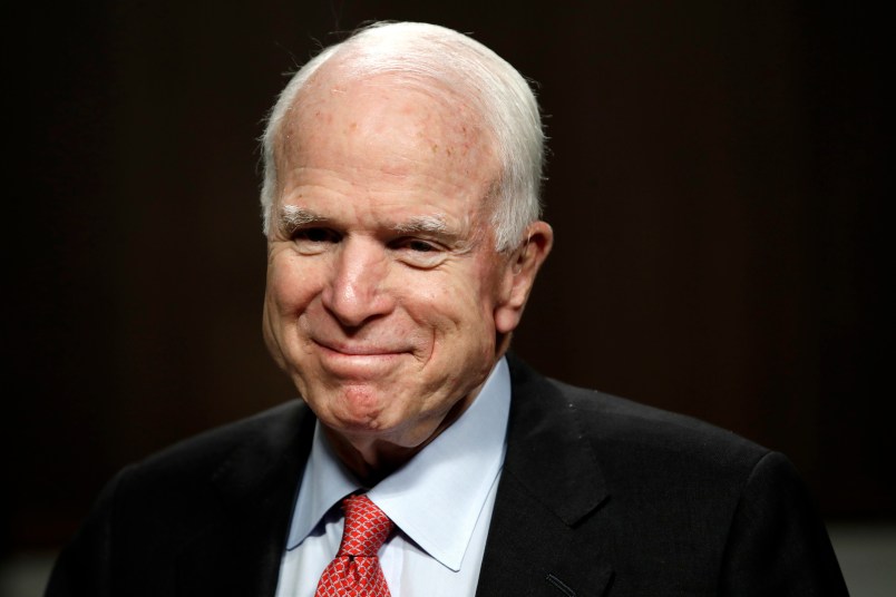 Senate Armed Services Committee Chairman Sen. John McCain, R-Ariz., arrives on Capitol Hill in Washington, Tuesday, July 11, 2017, for the committee's confirmation hearing for Navy Secretary nominee Richard Spencer. (AP Photo/Jacquelyn Martin)