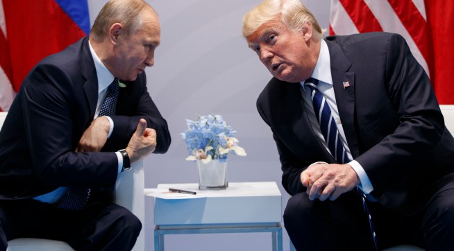 President Donald Trump speaks during a meeting with Russian President Vladimir Putin at the G20 Summit at the G20 Summit, Friday, July 7, 2017, in Hamburg. (AP Photo/Evan Vucci)