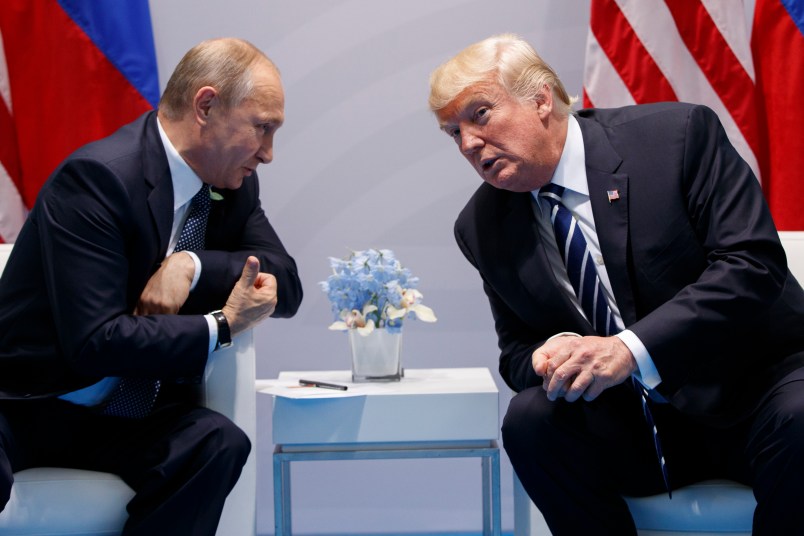 President Donald Trump speaks during a meeting with Russian President Vladimir Putin at the G20 Summit at the G20 Summit, Friday, July 7, 2017, in Hamburg. (AP Photo/Evan Vucci)