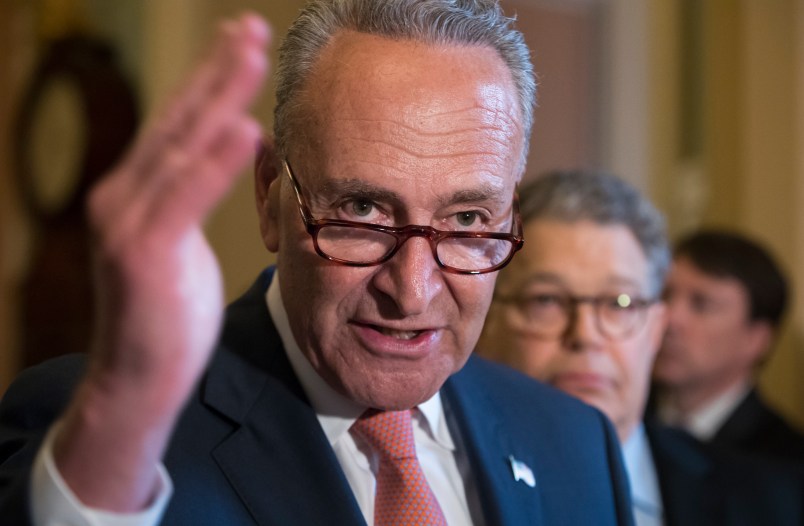 Senate Minority Leader Chuck Schumer, D-N.Y., joined at right by Sen. Al Franken, D-Minn., criticizes the Republican health care bill during a news conference on Capitol Hill in Washington, Tuesday, July 11, 2017. Senate Majority Leader Mitch McConnell, R-Ky., said he will unveil their revised health care bill Thursday and begin voting on it next week.  (AP Photo/J. Scott Applewhite)