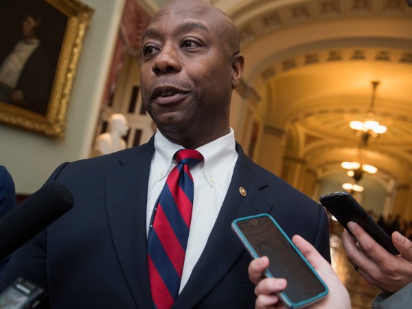 UNITED STATES - JULY 18: Sen. Tim Scott, R-S.C., talks with reporters before the Senate Policy Luncheons in the Capitol on July 18, 2017. (Photo By Tom Williams/CQ Roll Call)