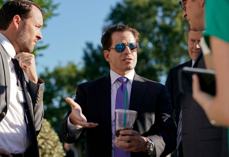 White House communications director Anthony Scaramucci speaks to members of the media at the White House in Washington, Tuesday, July 25, 2017. (AP Photo/Pablo Martinez Monsivais)