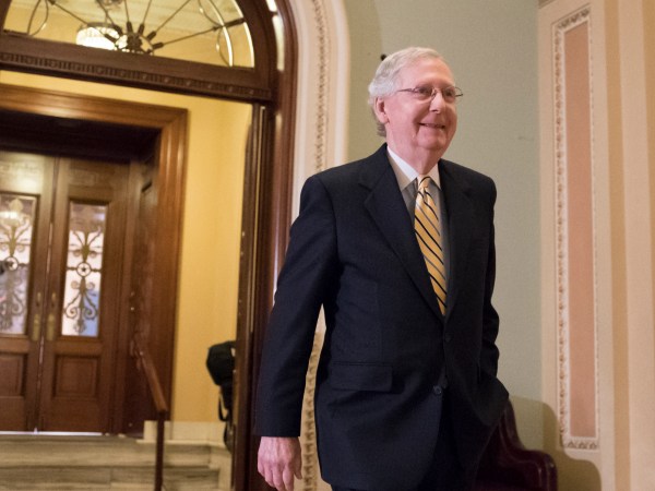 Senate Majority Leader Mitch McConnell, R-Ky., walks from the chamber as he steers the Senate toward a crucial vote on the Republican health care bill, in Washington, Tuesday, July 25, 2017.  (AP Photo/J. Scott Applewhite)