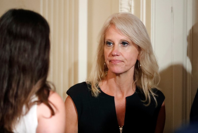 Counselor to the President Kellyanne Conway stands before President Donald Trump speaks in the East Room of the White House, Wednesday, July 26, 2017, in Washington. Trump is announcing the first U.S. assembly plant for electronics giant Foxconn in a project that's expected to result in billions of dollars in investment in the state and create thousands of jobs. (AP Photo/Alex Brandon)