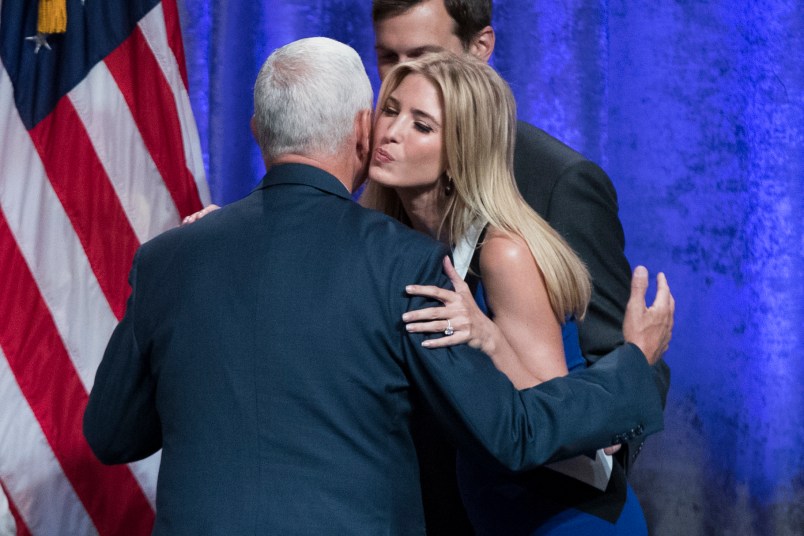 Ivanka Trump, right, hugs Gov. Mike Pence, R-Ind., after her father Republican presidential candidate Donald Trump announced Pence as the vice presidential running mate on, Saturday, July 16, 2016, in New York. (AP Photo/Evan Vucci)