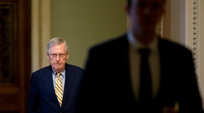 Senate Majority Leader Mitch McConnell of Ky. arrives on Capitol Hill in Washington, Monday, July 17, 2017. The Senate has been forced to put the republican's health care bill on hold for as much as two weeks until Sen. John McCain, R-Ariz., can return from surgery. (AP Photo/Andrew Harnik)