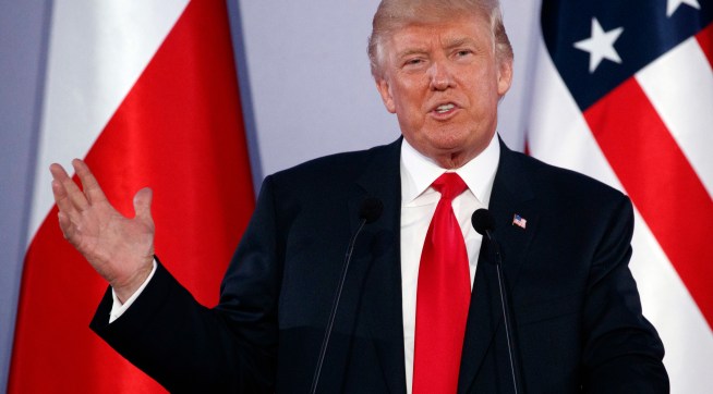 President Donald Trump speaks during a news conference with Polish President Andrzej Duda at Royal Castle, Thursday, July 6, 2017, in Warsaw. (AP Photo/Evan Vucci)