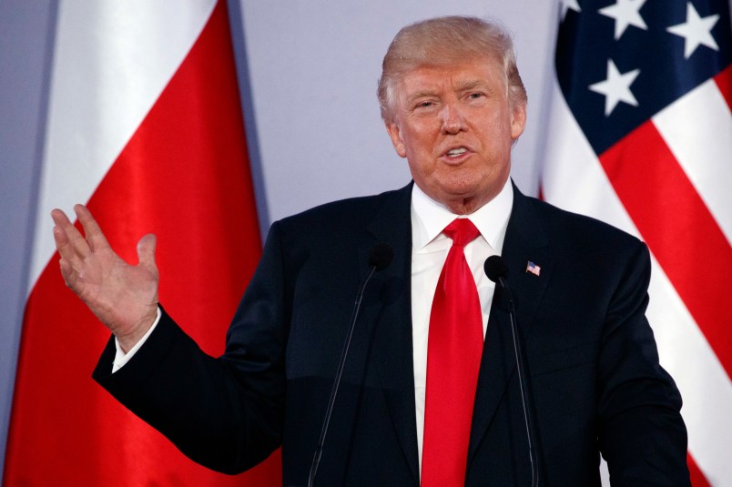 President Donald Trump speaks during a news conference with Polish President Andrzej Duda at Royal Castle, Thursday, July 6, 2017, in Warsaw. (AP Photo/Evan Vucci)