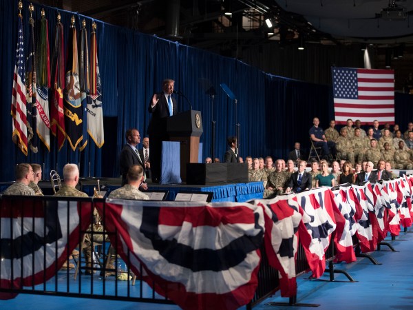President Donald Trump speaks at Fort Myer in Arlington Va., Monday, Aug. 21, 2017, during a Presidential Address to the Nation about a strategy he believes will best position the U.S. to eventually declare victory in Afghanistan. (AP Photo/Carolyn Kaster)