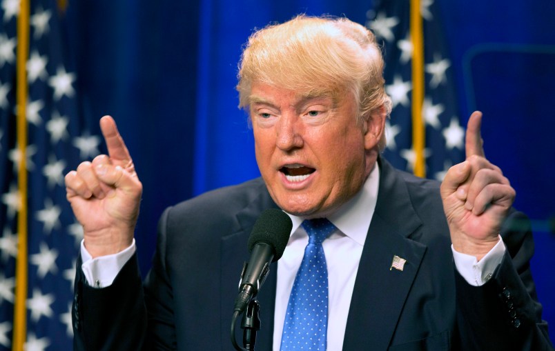 Republican presidential candidate Donald Trump speaks during a campaign stop at Saint Anselm College Monday, June 13, 2016, in Manchester, N.H. (AP Photo/Jim Cole)