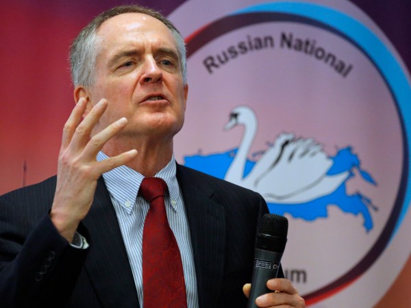U.S. writer Jared Taylor, author of the book "White Identity" speaks during the International Russian Conservative Forum in St.Petersburg, Russia, Sunday, March 22, 2015. Nationalist supporters of Russian President Vladimir Putin brought together controversial far-right politicians from across Europe on Sunday in an effort to demonstrate international support for Russia and weaken European Union commitment to sanctions imposed on Russia over its role in Ukraine. (AP Photo/Dmitry Lovetsky)