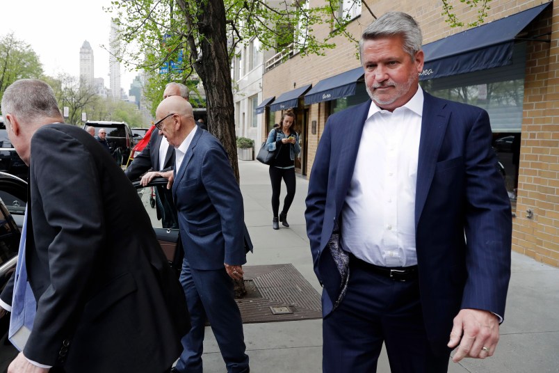 In this April 24, 2017 photo, Fox News co-president Bill Shine, right, leaves a New York restaurant with Rupert Murdoch, second from right, the executive chairman of 21st Century Fox. The turmoil at Fox News Channel has claimed another victim. The network said Monday, May 1, that Shine, a longtime lieutenant of ousted Fox News CEO Roger Ailes, is out. (AP Photo/Mark Lennihan)