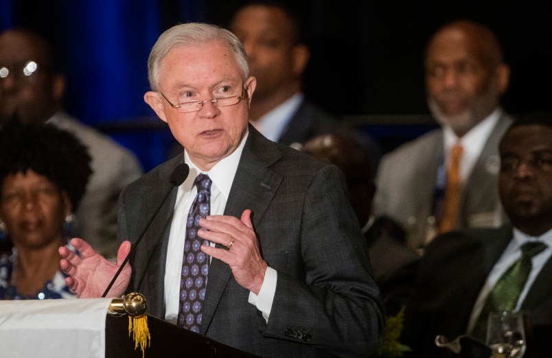 Attorney General Jeff Sessions addresses the National Organization of Black Law Enforcement Executives during a    conference, Tuesday, August 1, 2017, in Atlanta. President Trump recently used a speech before law enforcement to encourage them to be "rough" on suspects. (John Amis/Special)
